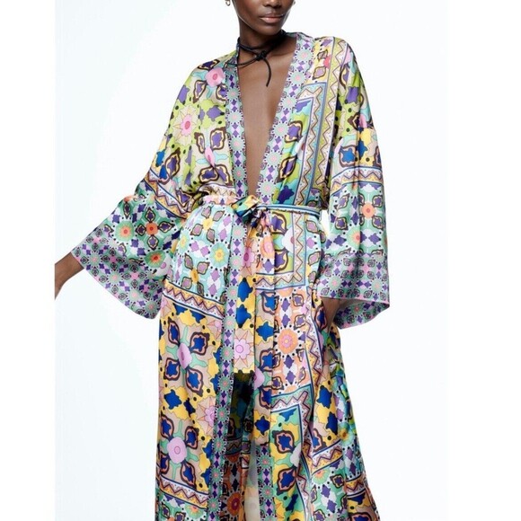 Zara Vibrant Sateen Retro Boho Printed Kimono Robe Floral Loungewear Y2K… - Picture 1 of 7